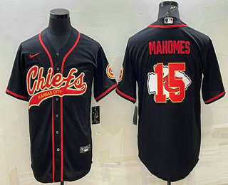 Men's Kansas City Chiefs #15 Patrick Mahomes Black Team Big Logo With Patch Cool Base Stitched Baseball Jersey