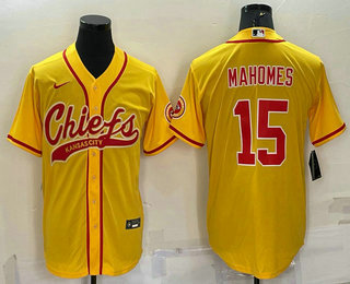 Men's Kansas City Chiefs #15 Patrick Mahomes Gold With Patch Cool Base Stitched Baseball Jersey