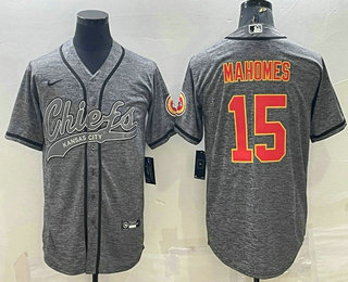 Men's Kansas City Chiefs #15 Patrick Mahomes Grey Gridiron With Patch Cool Base Stitched Baseball Jersey