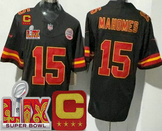 Men's Kansas City Chiefs #15 Patrick Mahomes Limited Black C Patch Super Bowl LIX FUSE Vapor Jersey