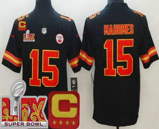 Men's Kansas City Chiefs #15 Patrick Mahomes Limited Black C Patch Super Bowl LIX Vapor Jersey