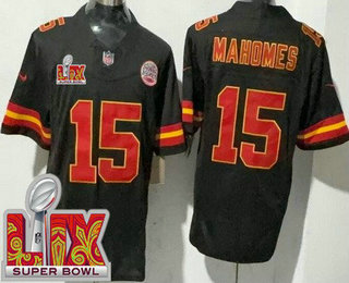 Men's Kansas City Chiefs #15 Patrick Mahomes Limited Black Super Bowl LIX FUSE Vapor Jersey