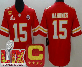 Men's Kansas City Chiefs #15 Patrick Mahomes Limited Red C Patch Super Bowl LIX Vapor Jersey