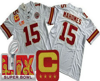 Men's Kansas City Chiefs #15 Patrick Mahomes Limited White C Patch Super Bowl LIX FUSE Vapor Jersey