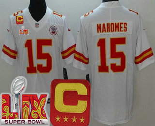 Men's Kansas City Chiefs #15 Patrick Mahomes Limited White C Patch Super Bowl LIX Vapor Jersey