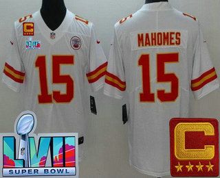 Men's Kansas City Chiefs #15 Patrick Mahomes Limited White C Patch Super Bowl LVII Vapor Jersey
