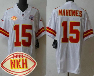 Men's Kansas City Chiefs #15 Patrick Mahomes Limited White NKH Patch FUSE Vapor Jersey