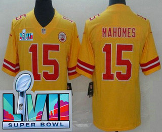 Men's Kansas City Chiefs #15 Patrick Mahomes Limited Yellow Inverted Super Bowl LVII Vapor Jersey