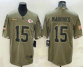 Men's Kansas City Chiefs #15 Patrick Mahomes Olive 2022 Salute To Service Limited Stitched Jersey