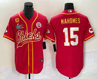 Men's Kansas City Chiefs #15 Patrick Mahomes Red Gold C Patch Super Bowl LVII Cool Base Stitched Baseball Jersey