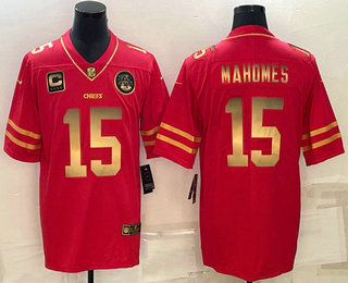 Men's Kansas City Chiefs #15 Patrick Mahomes Red Gold C Patch Vapor Untouchable Limited Stitched Jersey