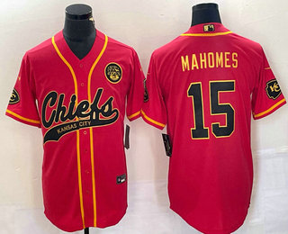 Men's Kansas City Chiefs #15 Patrick Mahomes Red Gold Cool Base Stitched Baseball Jersey