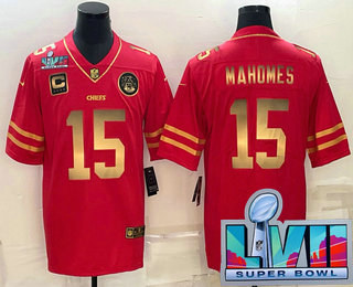 Men's Kansas City Chiefs #15 Patrick Mahomes Red Gold Super Bowl LVII Patch Vapor Untouchable Limited Stitched Jersey