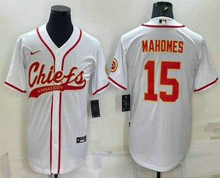 Men's Kansas City Chiefs #15 Patrick Mahomes White With Patch Cool Base Stitched Baseball Jersey