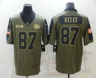 Men's Kansas City Chiefs #87 Travis Kelce 2021 Olive Salute To Service Limited Stitched Jersey