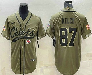 Men's Kansas City Chiefs #87 Travis Kelce 2022 Olive Salute to Service Cool Base Stitched Baseball Jersey