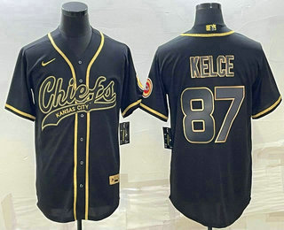 Men's Kansas City Chiefs #87 Travis Kelce Black Gold With Patch Cool Base Stitched Baseball Jersey