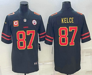 Men's Kansas City Chiefs #87 Travis Kelce Black Red Gold C Patch Vapor Untouchable Limited Stitched Jersey