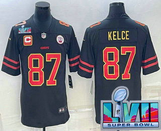 Men's Kansas City Chiefs #87 Travis Kelce Black Red Gold Super Bowl LVII Patch Vapor Untouchable Limited Stitched Jersey