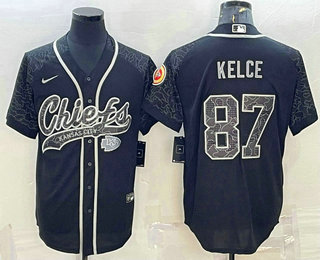 Men's Kansas City Chiefs #87 Travis Kelce Black Reflective With Patch Cool Base Stitched Baseball Jersey