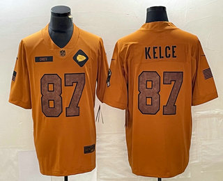 Men's Kansas City Chiefs #87 Travis Kelce Brown 2023 Salute To Service Limited Stitched Jersey