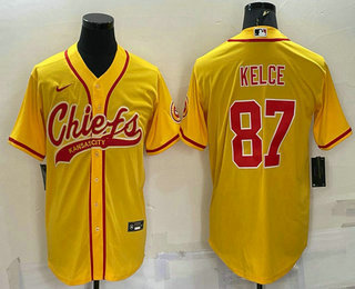 Men's Kansas City Chiefs #87 Travis Kelce Gold With Patch Cool Base Stitched Baseball Jersey