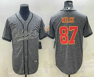 Men's Kansas City Chiefs #87 Travis Kelce Grey Gridiron With Patch Cool Base Stitched Baseball Jersey