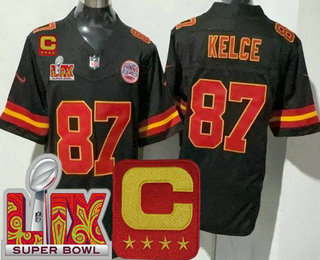 Men's Kansas City Chiefs #87 Travis Kelce Limited Black C Patch Super Bowl LIX FUSE Vapor Jersey