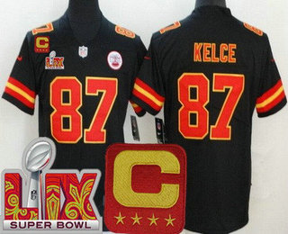 Men's Kansas City Chiefs #87 Travis Kelce Limited Black C Patch Super Bowl LIX Vapor Jersey