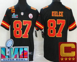 Men's Kansas City Chiefs #87 Travis Kelce Limited Black C Patch Super Bowl LVII Vapor Jersey