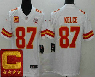 Men's Kansas City Chiefs #87 Travis Kelce Limited White 2022 Captain Patch Vapor Jersey