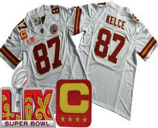 Men's Kansas City Chiefs #87 Travis Kelce Limited White C Patch Super Bowl LIX FUSE Vapor Jersey