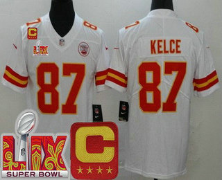 Men's Kansas City Chiefs #87 Travis Kelce Limited White C Patch Super Bowl LIX Vapor Jersey