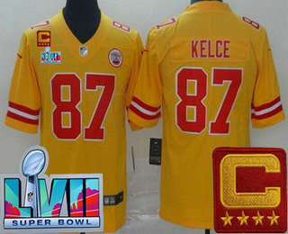 Men's Kansas City Chiefs #87 Travis Kelce Limited Yellow Inverted C Patch Super Bowl LVII Vapor Jersey