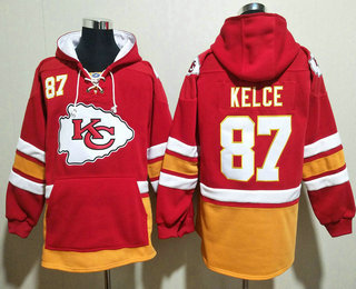 Men's Kansas City Chiefs #87 Travis Kelce NEW Red Pocket Stitched NFL Pullover Hoodie