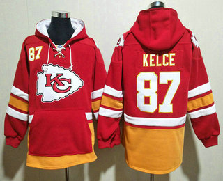 Men's Kansas City Chiefs #87 Travis Kelce NEW Red Pocket Stitched NFL Pullover Hoodie