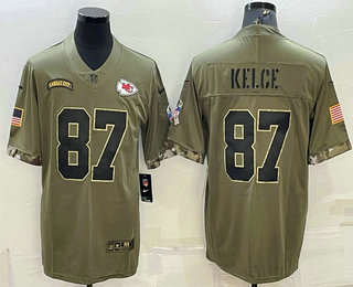 Men's Kansas City Chiefs #87 Travis Kelce Olive 2022 Salute To Service Limited Stitched Jersey