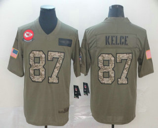 Men's Kansas City Chiefs #87 Travis Kelce Olive Camo 2019 Salute To Service Stitched NFL Nike Limited Jersey