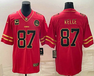 Men's Kansas City Chiefs #87 Travis Kelce Red Gold C Patch Vapor Untouchable Limited Stitched Jersey