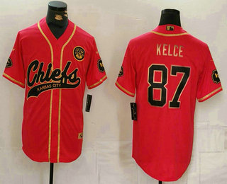 Men's Kansas City Chiefs #87 Travis Kelce Red Gold Cool Base Stitched Baseball Jersey