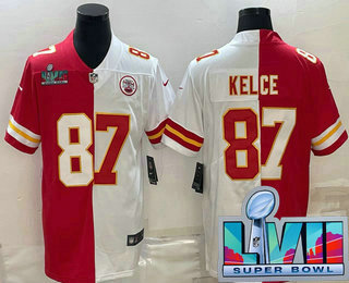 Men's Kansas City Chiefs #87 Travis Kelce Red White Two Tone Super Bowl LVII Patch Vapor Stitched Limited Jersey