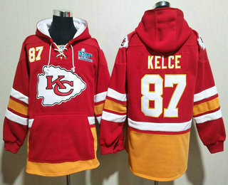 Men's Kansas City Chiefs #87 Travis Kelce Super Bowl LVII Patch Red Pocket Stitched Pullover Hoodie