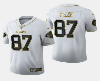 Men's Kansas City Chiefs #87 Travis Kelce White 100th Season Golden Edition Jersey