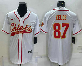 Men's Kansas City Chiefs #87 Travis Kelce White With Patch Cool Base Stitched Baseball Jersey