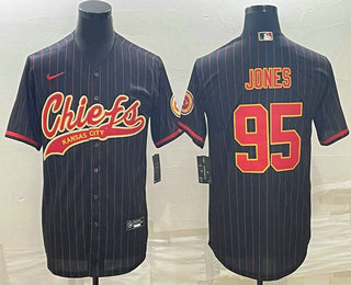 Men's Kansas City Chiefs #95 Chris Jones Black Pinstripe With Patch Cool Base Stitched Baseball Jersey