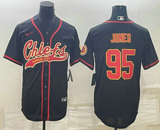 Men's Kansas City Chiefs #95 Chris Jones Black With Patch Cool Base Stitched Baseball Jersey