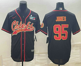 Men's Kansas City Chiefs #95 Chris Jones Black With Super Bowl LVII Patch Cool Base Stitched Baseball Jersey