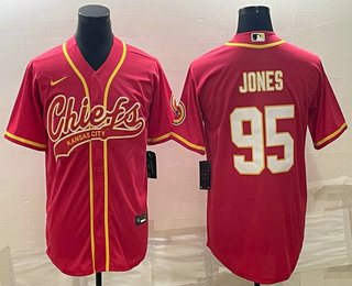 Men's Kansas City Chiefs #95 Chris Jones Red With Patch Cool Base Stitched Baseball Jersey