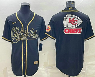 Men's Kansas City Chiefs Black Gold Team Big Logo With Patch Cool Base Stitched Baseball Jersey