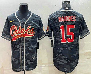 Men's Kansas City Chiefs Blank #15 Patrick Mahomes Grey Navy Camo With Patch Cool Base Stitched Baseball Jersey